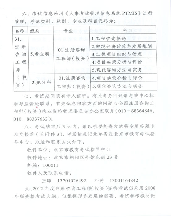 关于做好2012年度注册咨询工程师（投资）执业资格考试考务工作的通知