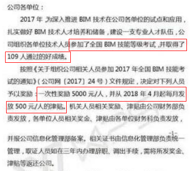 将BIM资格证书纳入公司执业资格津贴发放范围的通知