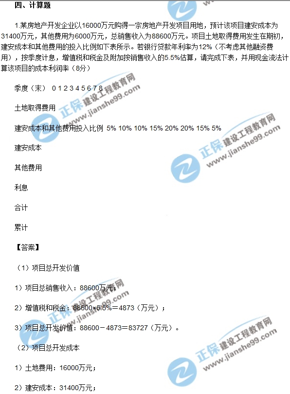 房地产开发经营与管理试题计算第一题