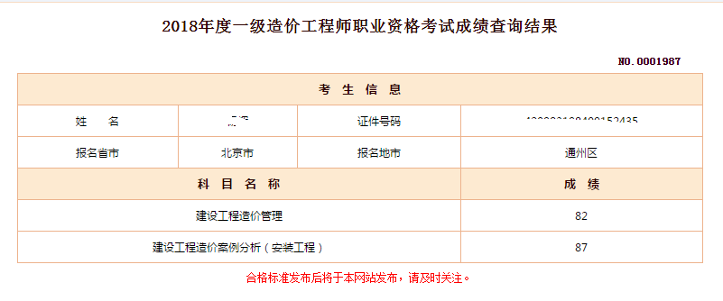 2018年一级造价工程师考试成绩